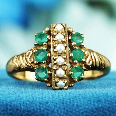 9K Yellow Gold Natural Pearl Emerald Vintage Style Cluster Ring - Image 1 of 4
