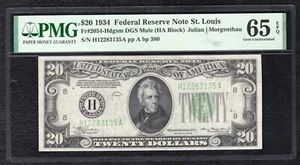 FR 2054-Hdgsm 1934 $20 FRN FEDERAL RESERVE NOTE ST. LOUIS, MO PMG GEM UNC-65EPQ. - Picture 1 of 2