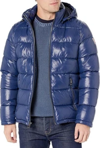 $225 GUESS Men's Mid-Weight Puffer Jacket with Removable Hood, Navy, Large - Picture 1 of 3