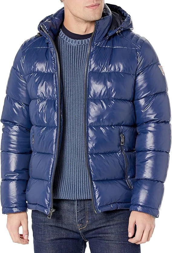 $225 GUESS Men's Mid-Weight Puffer Jacket with Removable Hood, Navy, Large - Image 1 of 3