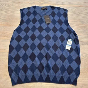 NEW Tasso Elba Blue V Neck Argyle Sweater Vest Mens XL Lightweight Cotton - Picture 1 of 14