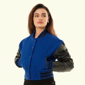 Chaqueta recortada Varsity Letterman chaquetas recortadas para mujer cuerpo de lana manga de cuero - Imagen 1 de 5