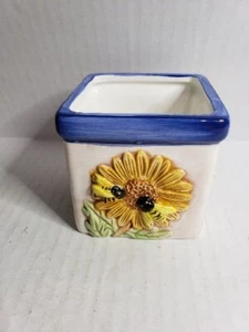 Ceramic Candle Holder Small Square Sunflower Bees Decorative - Picture 1 of 5