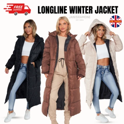 Womens Maxi Longline Coat Puffer Padded Warm Hooded Oversized Long Winter Jacket - Image 1 of 2