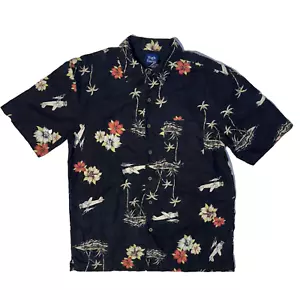 High Sierra Linen Blend Hawaiian Shirt - S Black Seaplane Palm Trees Print - Picture 1 of 4