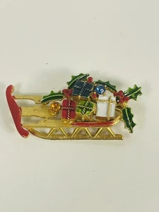 Vintage Weiss Christmas Sled Brooch Pin Rhinestones Enamel Presents Gold Tone* - Picture 1 of 4