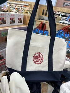 Trader Joe’s Reusable Canvas Eco Tote Bag Heavy Duty Bag Blue White Brand NEW - Picture 1 of 5