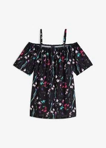 bedrucktes Carmenshirt Gr. 32/34 Schwarz Geblümt Damen-Shirt Bluse Tunika Neu - Bild 1 von 1