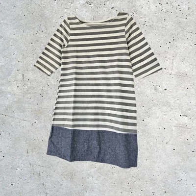 Faded Glory Girls 3/4 Sleeve Gray White Striped Denim Dress Size S - Image 1 of 4