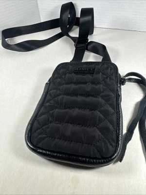 Bolsa tiracolo de náilon acolchoada preta Aimee Kestenberg telefone/cartão Just Sayin' EUC6x4 - Imagem 1 de 4