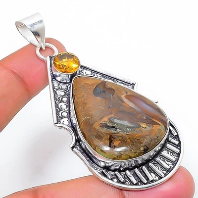 Fango Incrinarsi Fossil, Citrino Gemma 925 Argento Sterling Gioielli Ciondolo - Immagine 1 di 4