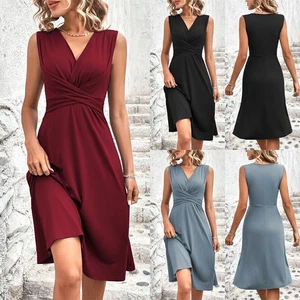 Nuevo Mujeres Verano Cuello en V Cruz Acanalado Vestido Informal Sin Mangas Vestidos de Fiesta - Imagen 1 de 30