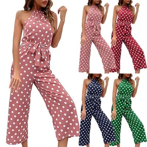Women Jumpsuits Sleeveless Wide Leg Pants Ladies Casual Halter Neck Loose Romper - Picture 1 of 36