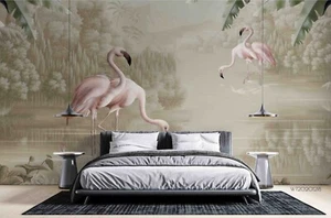 3D Flamingo Forest River Watercolor Self-adhesive Removable Wallpaper Murals - Picture 1 of 11