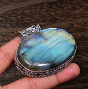 Fired Labradorite gemstone handmade 925 sterling silver jewelry pendant - Picture 1 of 2