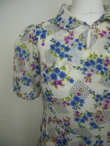 VINTAGE Neuheit Print Tee Kleid - Weiß Floral Fit & Flare Puffärmel 50er 60er - Bild 1 von 12