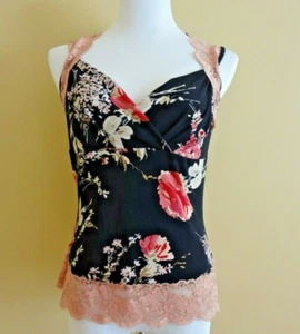 Women's j. t. b. Black Multi Colored Floral Sleeveless Tank w/Peach Lace size M - Picture 1 of 7