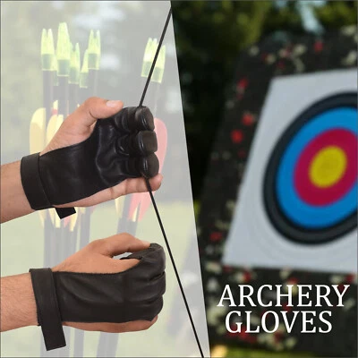 Archery 3 Fingers Tab Black Real Cow Leather Glove Arrow Guard Shooting Gloves - Image 1 of 3