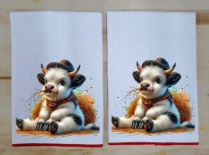 2pc - Waffle Weave Red Trim 16" x 24" Towels - Highland Cow Calf - DZ001-RD2pcT - Picture 1 of 1