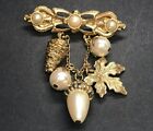 1928 Faux Pearl Gold Dangle Brooch Pin Bow Leaves Acorn Pinecone Chain Vintage 
