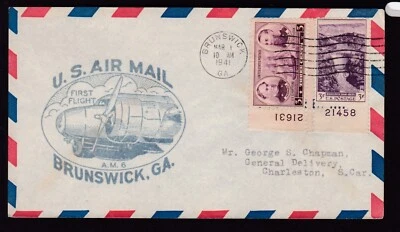 FIRST FLIGHT AIR MAIL, BRUNSWICK, GA., A.M. 6, 1941 - Image 1 of 2