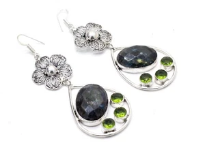 925 Sterling Silver Labradorite & Peridot Gemstone Jewelry Earring Size-1.50" - Picture 1 of 2