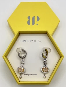 Bomb Party All My Dreams Peach Topaz Earrings Rhodium Plate RBP3401 Hoop Dangle - Picture 1 of 5
