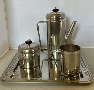 Elegante cafetera/tetera Art Deco Era plateada cromada, crema y azucarero (B-J - Imagen 1 de 7
