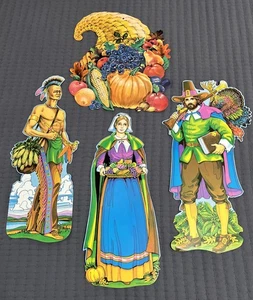 Vintage Beistle Thanksgiving Die Cut Pilgrims Indian Squanto Turkey Decor Lot 4 - Picture 1 of 14