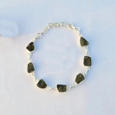 Czech Moldavite Bracelet, 925 Solid Silver, Adjustable Chain Handmade Bracelet - Image 1 of 4