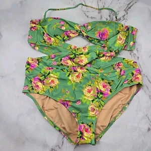 J Crew One Piece 22 3X Green Criss Cross Cut Out Green Bikini Swim Suit Floral  - Picture 1 of 14