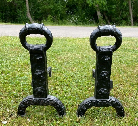 Antique Cast Iron Fireplace Andiron Primitive Medieval Set Cover