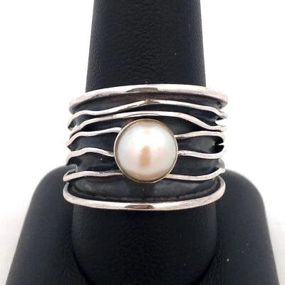 Designer Letty G Sterling Silver Pearl Solitaire Modernist Wide Cigar Band Ring - Image 1 of 4