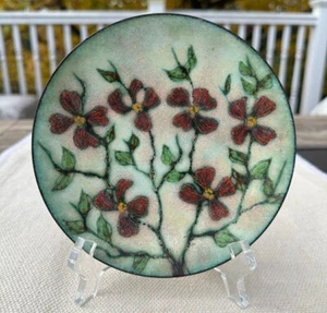 Enamel on Copper Plate Red Dogwood Flowers Floral Art Signed - Picture 1 of 3