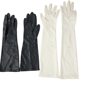 Set zwei Paar Handschuhe schwarz Leder Armband creme Strick Ellenbogen Bridgerton xs-small - Bild 1 von 5