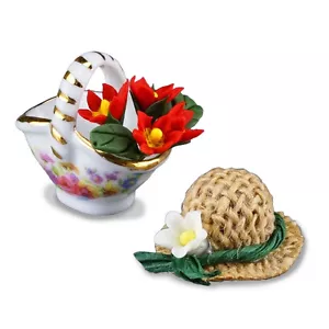 Cestino fiori porcellana Reutter con cappello / cesto fiori giardino casa bambole 1:12 - Foto 1 di 6