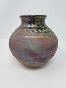 Raku Studio Pottery Vase Flower Pot Sergio Naduville Signed Iridescent Round 6.5 - Picture 1 of 9