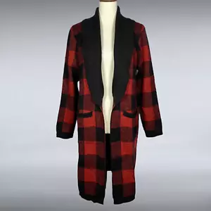 Maurices Womens Duster Sweater 0X Red Buffalo Plaid Pockets Shawl Collar NEW 14W - Picture 1 of 10