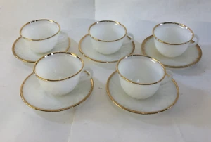Set of 6 Anchor Hocking Milk Glass Fire King Gold Teacups Saucers Swirl Pattern - Picture 1 of 24
