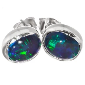 925 Silver Natural Blue Green Australian Opal Triplets Stud Earrings, 3/8" - Picture 1 of 5