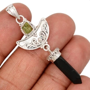 Handwork - Natural Black Tourmaline & Moldavite 925 Silver Pendant CP72508 - Picture 1 of 1