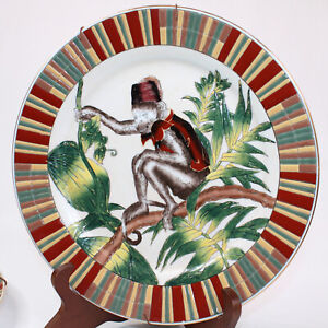 Vintage Decorative Tropical Monkey Plates Set Of 2 Rare 10 1/2" Round Gold Rims 