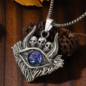 Mens Baphomet Purple Skull Evil Eye Pendant Necklace Punk Rock Jewelry Chain 24" - Picture 1 of 3