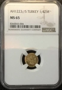 TURKEY GOLD 1/4 ZERI MAHBUB , NGC MS65 AH1223/5 - Picture 1 of 2