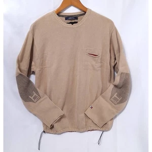 Tommy Hilfiger Pullover Sweater Mens L Non-slip Elbow Knit Drawstring Logo Beige - Picture 1 of 12