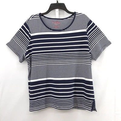 珊瑚湾衬衫女式 1X 码蓝色条纹短袖圆领休闲上衣 — 第 1/4 张图片