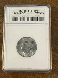 1945-S 5C Jefferson Silver War Nickel, ANACS MS 66 5 PASOS tonificado OH. RARO - Imagen 1 de 8