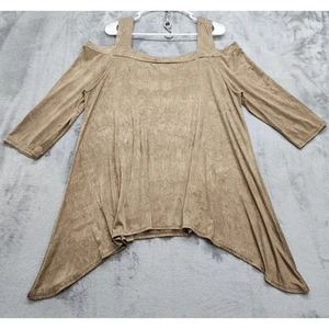 The Pyramid Collection Top Womens 1X Gold Tan Crinkle Stretch Knit Cold Shoulder - Picture 1 of 10
