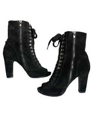 Sam Edelman BELMONT US 8.5M Black Suede Lace Up Peep Toe Midcalf Boot Heel - Image 1 of 4