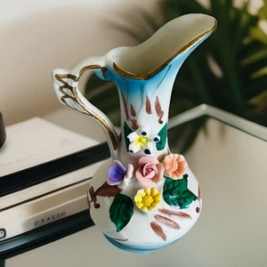 Colorful Ceramic Vase Pitcher Raised Flower Design - Picture 1 of 7